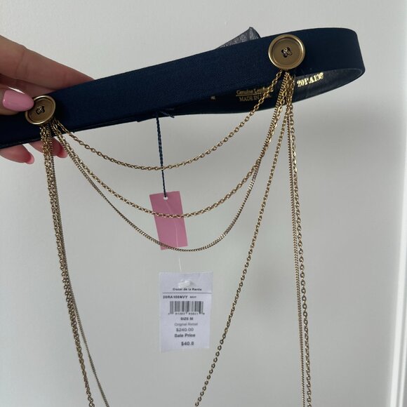 NWT Oscar De La Renta Navy Leather Belt With Gold-tone Chain Drape Accent - Picture 8 of 8